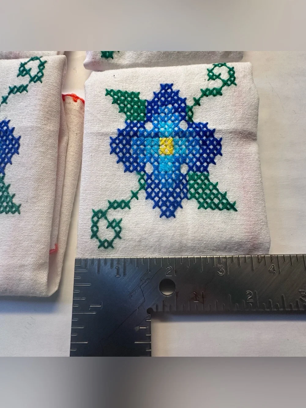 Vintage 4 Hand Embroidered Napkins Blue Flower Cross-Stitch 11
